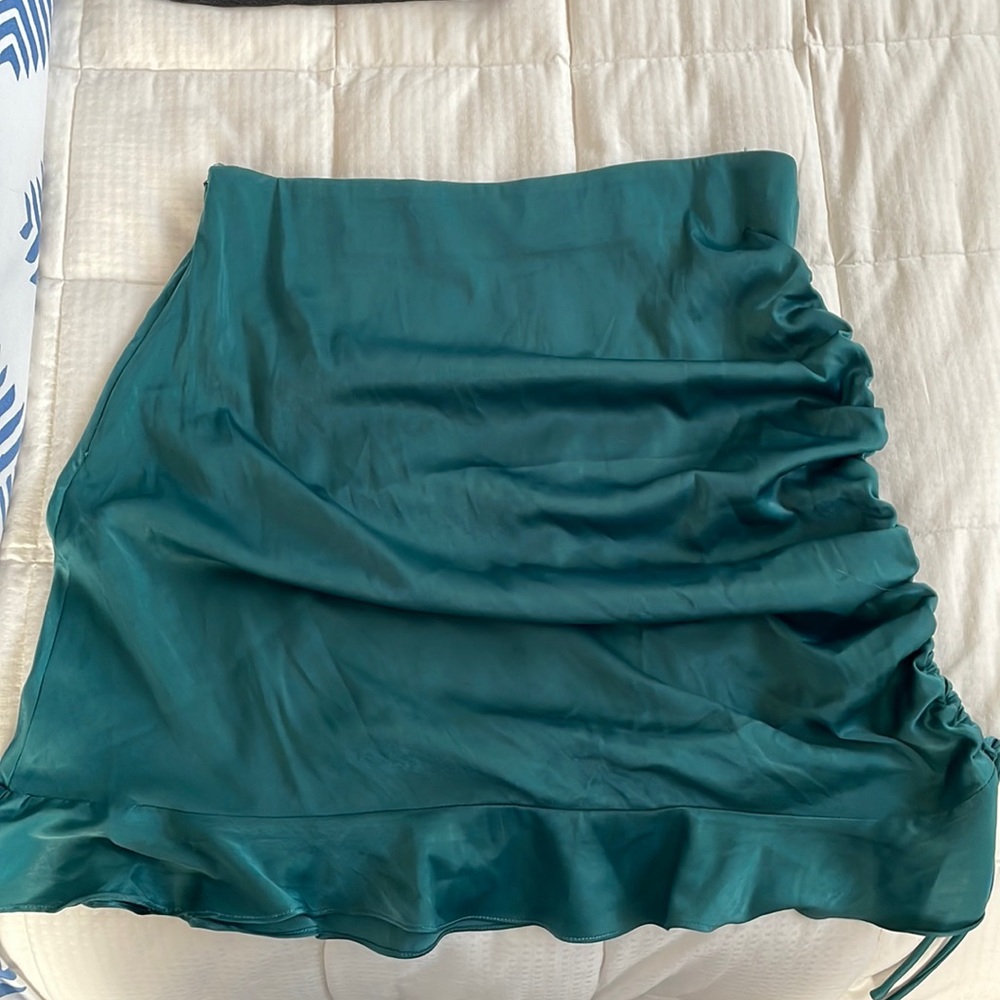 Emerald Green About Us from Revolve ruched satin mini skirt